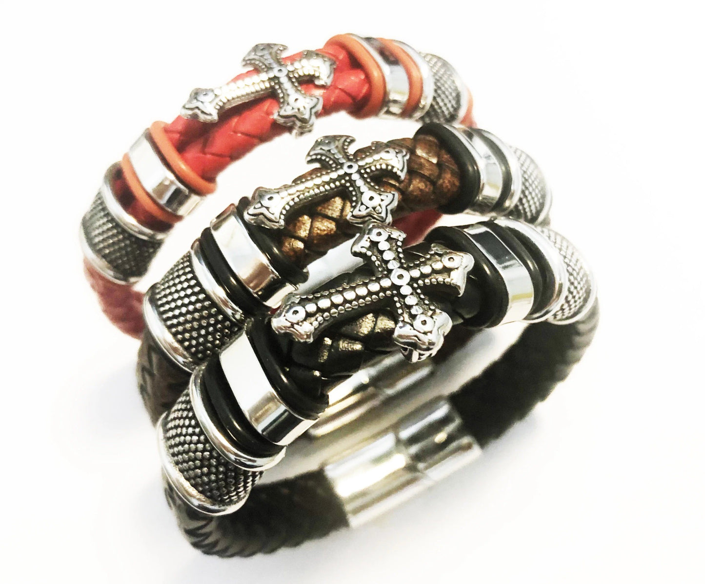 Men’s Leather Cross Bracelet - Free Leather Gift Box