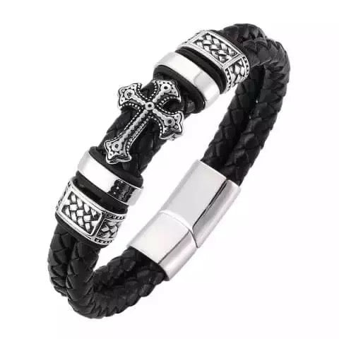 Men’s Leather Cross Bracelet - Free Leather Gift Box