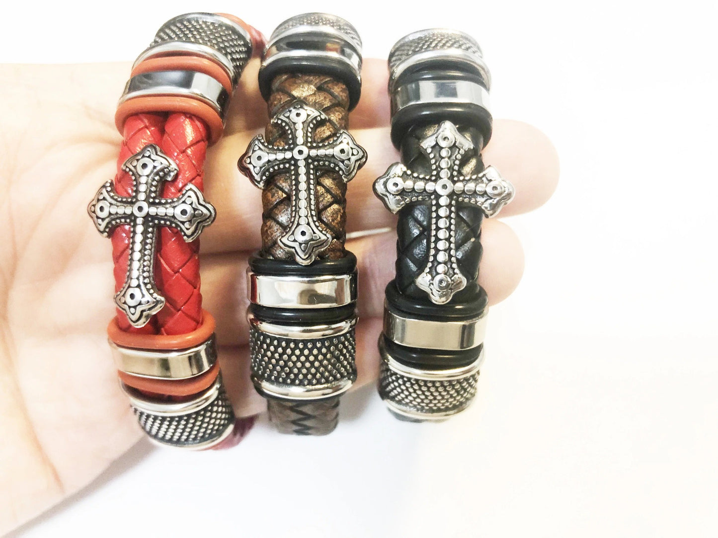 Men’s Leather Cross Bracelet - Free Leather Gift Box