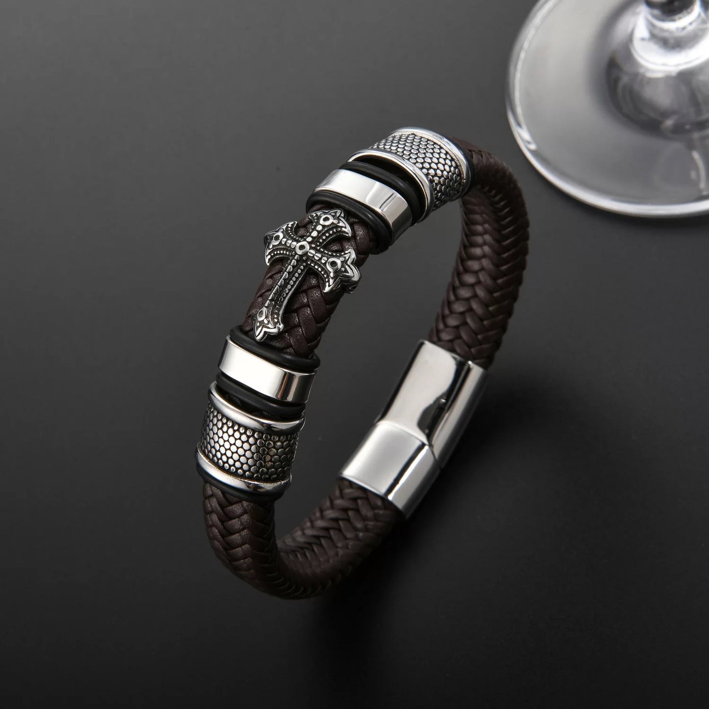 Men’s Leather Cross Bracelet - Free Leather Gift Box