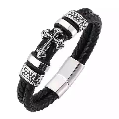 Multilayer Mens Bracelet  Genuine Leather with Cross Christian Bracelet   Gifts Are Blue